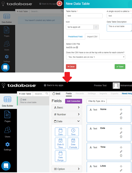 tadabase upload CSV file