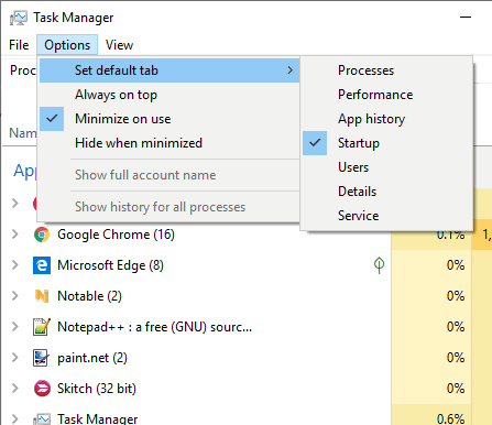 use set default tab option under options