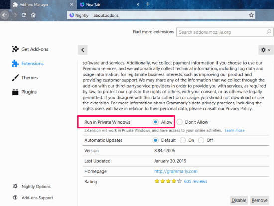 Allow add-on in Firefox private window