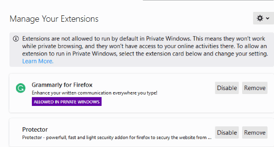 Allow specific add-on in Firefox private window