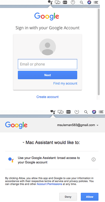 Authorize Google Assistant via Google Account