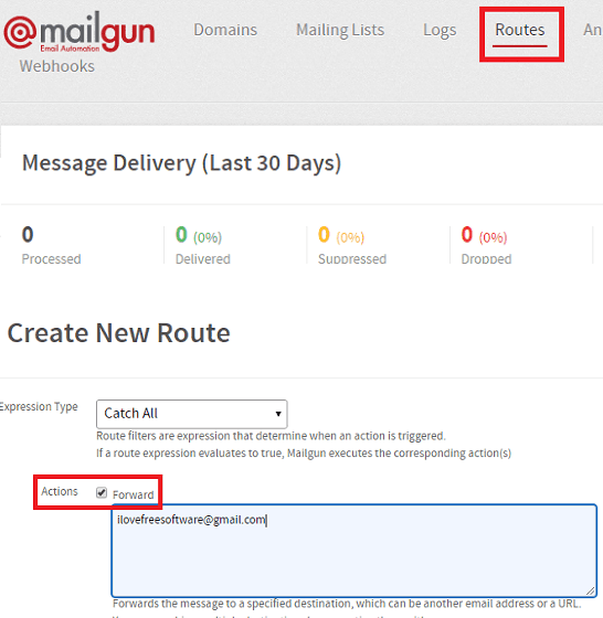 Mailgun create Route