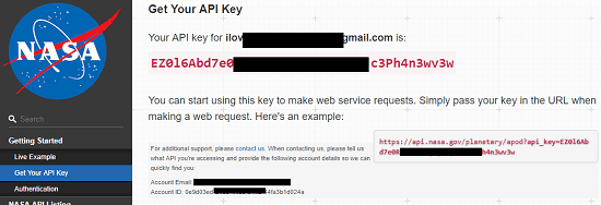 NASA API key for APOD