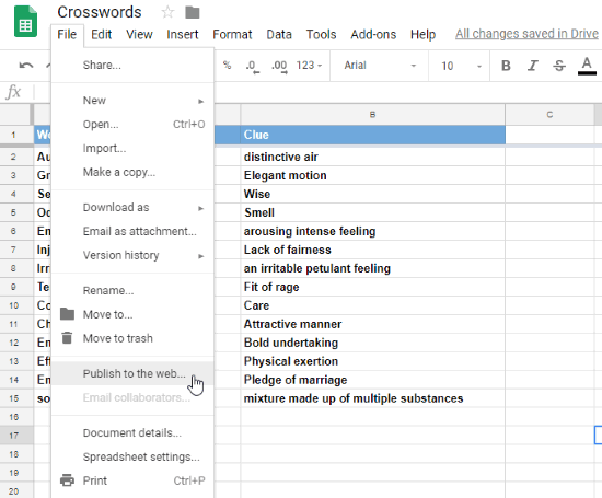 Publish to Crossword template