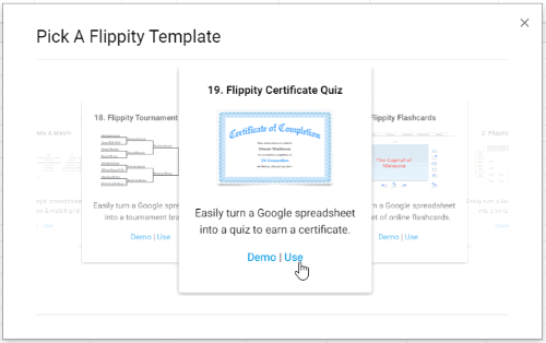 Select Flippity Certificate Quiz template