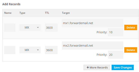 Specify MX for forward emails in Freenom