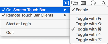 Touch bar installed and its menu bar options