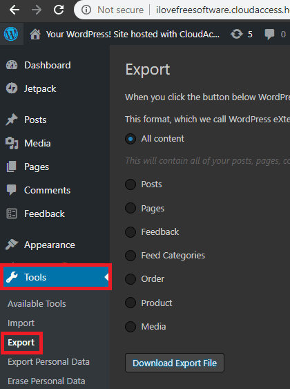 WordPress export