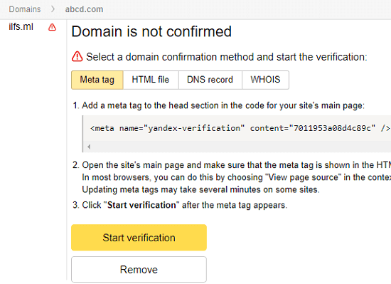 Yandex domain verification