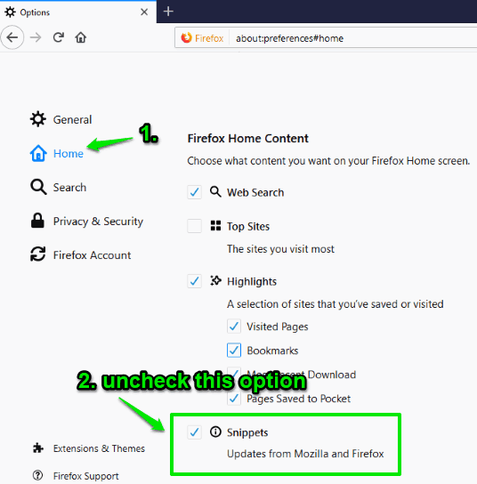 access home section and uncheck snippets option