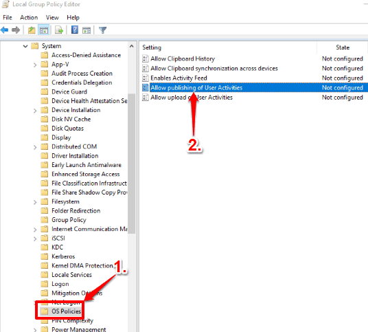 access os policies folder and then allow publishing of user activities