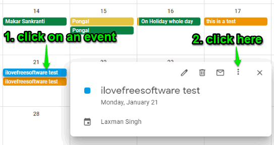 click on an event and use Options icon