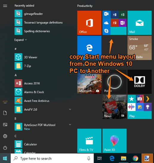 copy start menu layout from one windows 10 pc and paste in another