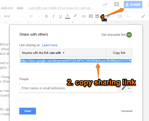 create and copy sharing link