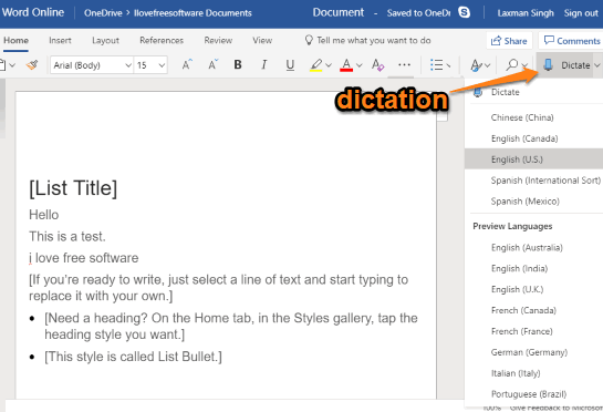 dictation feature in microsoft word