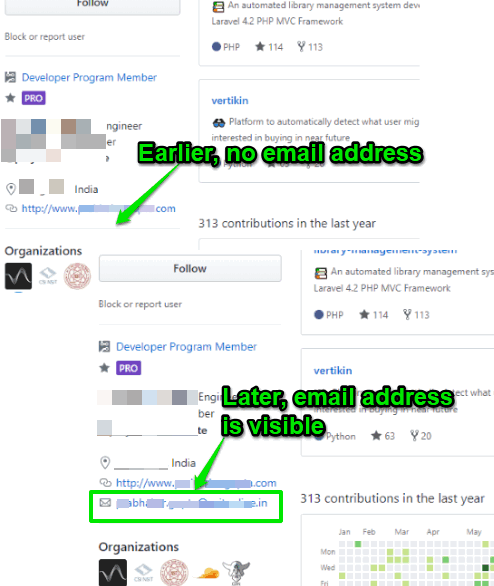 email address visible for a github user on profile page