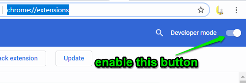 enable developer mode in chrome extensions page