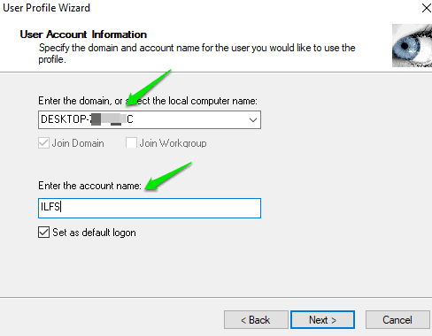 enter pc name and account name
