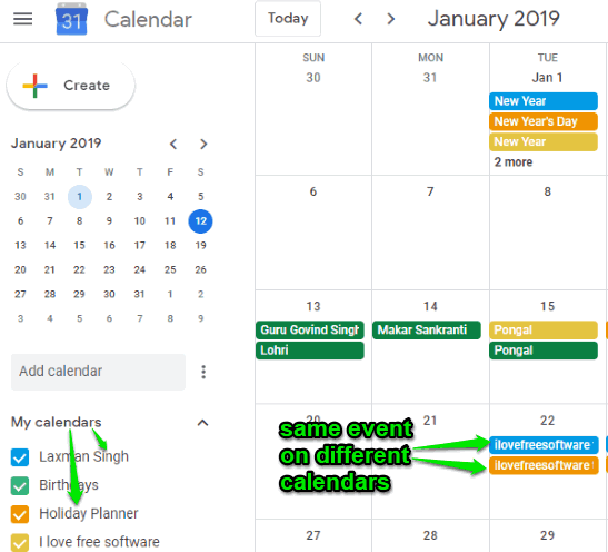 same event on different google calendars