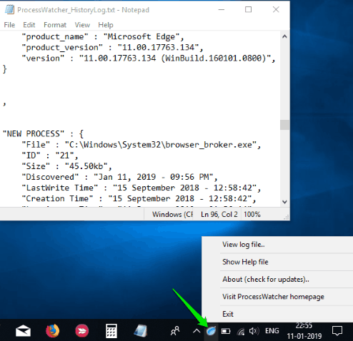 use system tray icon to open process log