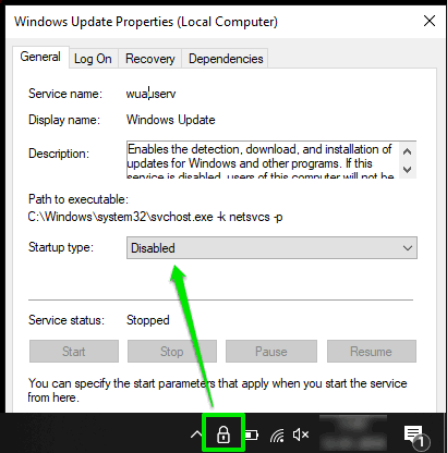 windows 10 update disabled from system tray