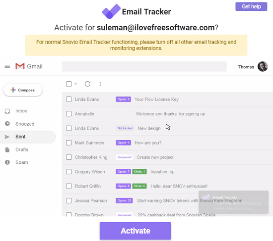 Activate unlimited email tracker extension