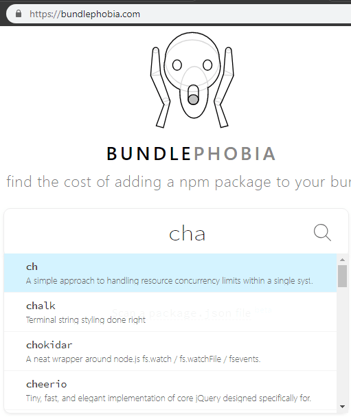 BundlePhobia interface and package suggestions