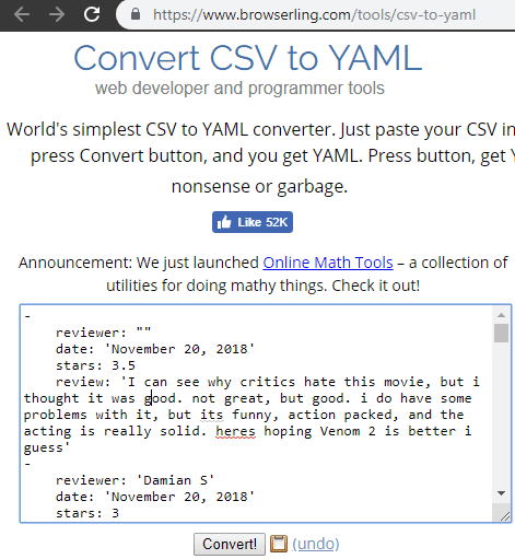 CSV to YAML browser ling