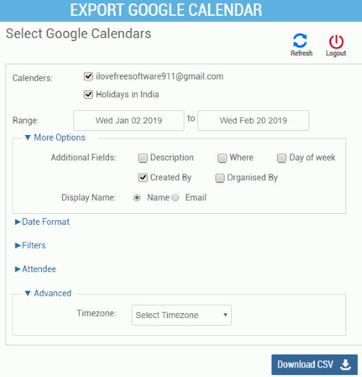 CalendarLabs export google calendar as csv