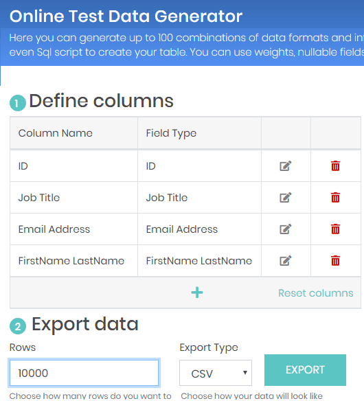 Online Test data Generator for CSV Data