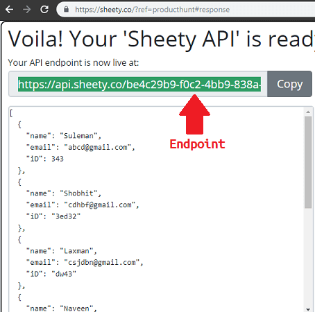 Sheety endpoint created