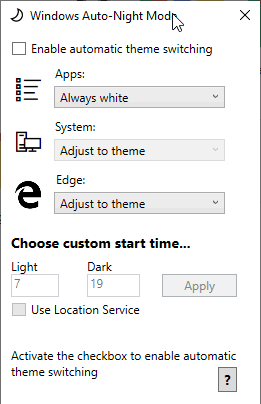 Windows Auto-Night Mode- interface