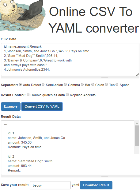becsv free online csv to yaml converter