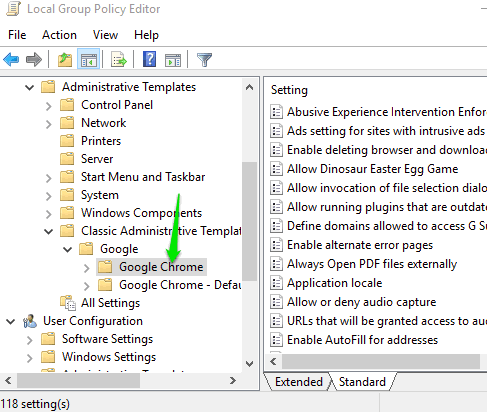 google chrome folder and settings visible