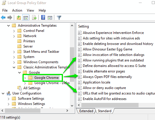group policy settings for google chrome added