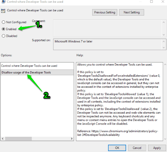 set enabled and use disallow usage of the developer tools option