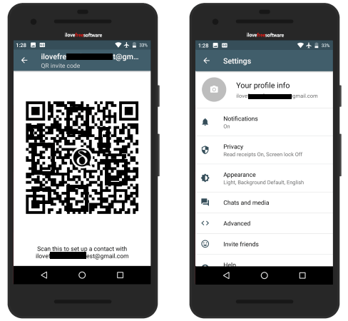 Delta Chat settings and qr code
