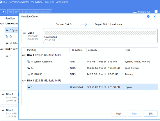 EaseUs Partition manager select target disk for clonning