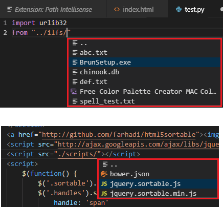 Path Intellisense in action