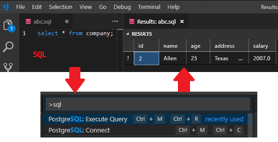 PostgreSQL execute query vs code