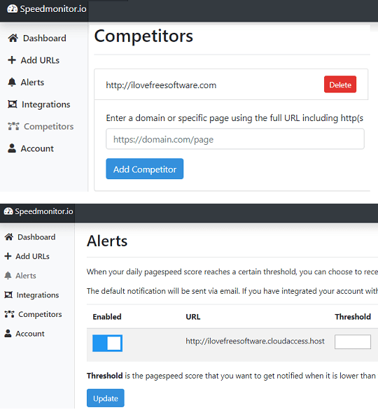 SpeedMonitor add competitors, alert parameters