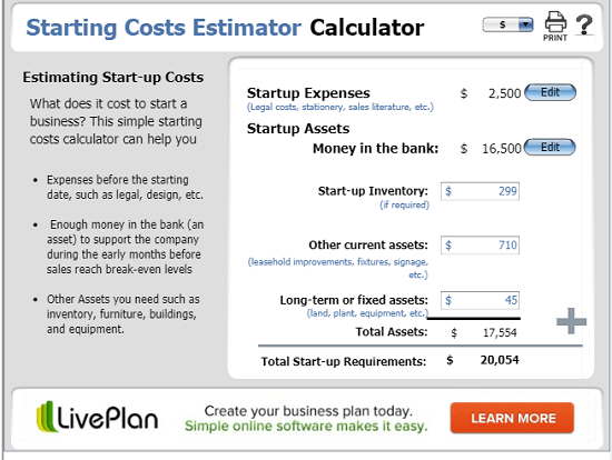 Starting Costs Calculator Estimator