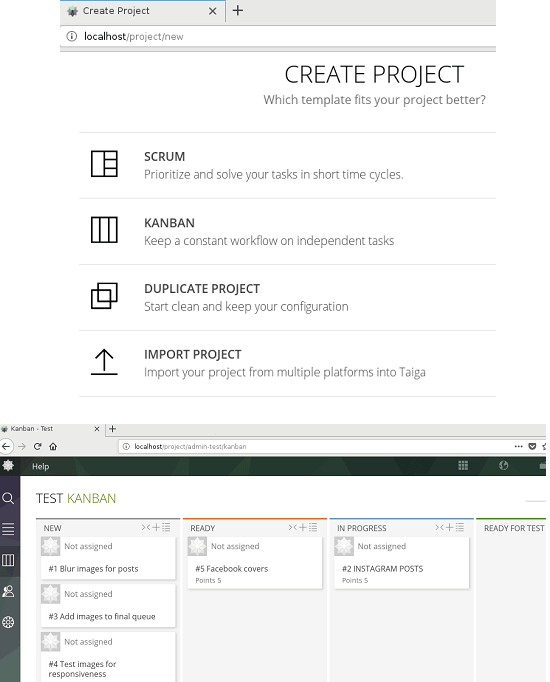 Taiga create project and the board