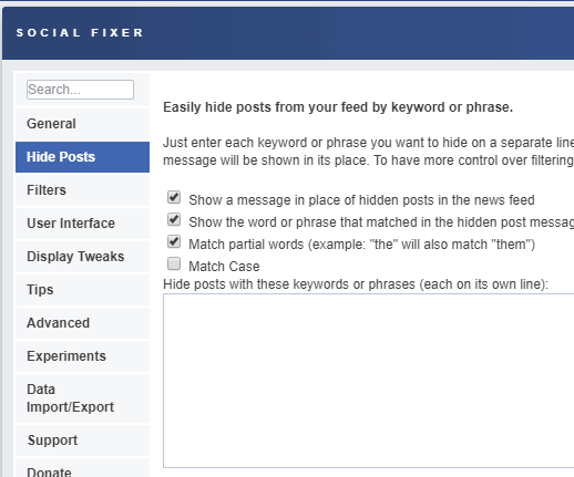 add keywords to hide posts in facebook feed