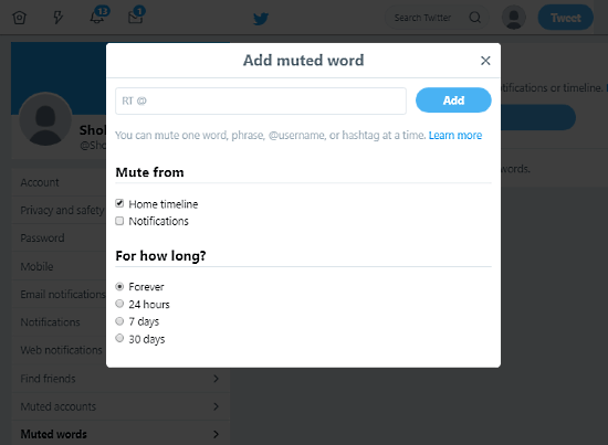 hide retweets using mute keyword