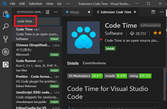 install Code Time in VS Code
