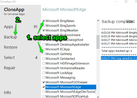 select apps and use backup