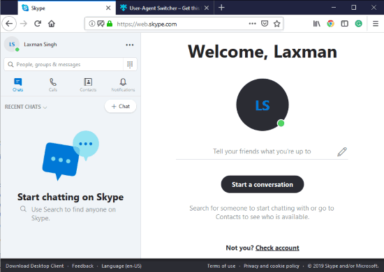 skype for web opened in firefox