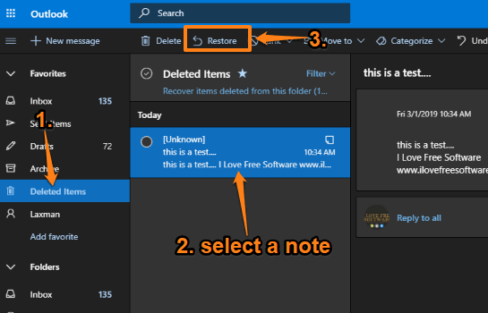 use deleted items section and restore deleted notes