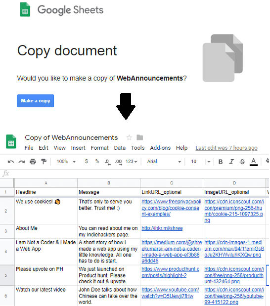 Copy Google Sheet for Notification Popup